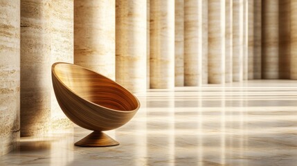 Poster - Elegant Wooden Bowl Chair in Minimalist Architectural Space