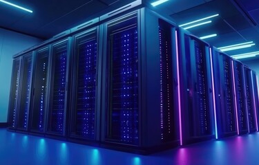 Poster - A modern server room illuminated with blue and purple lights, highlighting advanced server racks and efficient data storage systems. Ideal for tech, IT, and innovation themes