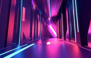 Poster - A futuristic server corridor with magenta and cyan lighting reflecting on sleek metallic surfaces. Ideal for tech visuals, AI concepts, and cyber themes