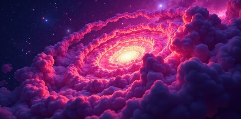 Purple and red clouds converge in a swirling vortex of the cosmos, explosive, spiral