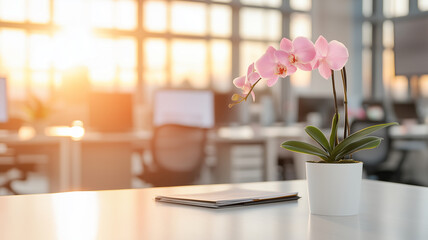 Wall Mural - beautiful pink orchid in white pot sits on desk in modern office, illuminated by warm sunlight streaming through large windows. serene atmosphere enhances productivity