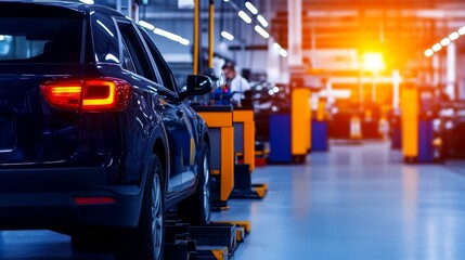 Poster - Car assembly line in a modern factory with workers, tools, and machinery in the background