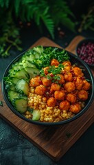 Wall Mural - Vegan Buddha Bowl with Roasted Sweet Potatoes, Quinoa, and Fresh Herbs on a Wooden Board