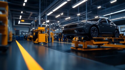 Poster - Modern automotive factory showcasing vehicle assembly with workers engaged in production tasks
