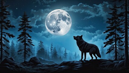  **Majestic Wolf Howling at the Full Moon – Nighttime Wilderness Vector Illustration**