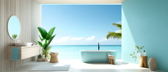 Wall Mural - A serene bathroom with ocean views, featuring a bathtub, plants, and a light color palette, promoting relaxation and tranquility.