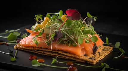 Smoked salmon on crispbread with microgreens and sauce