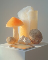 Poster - Artistic still life featuring mushrooms and organic shapes minimalist studio elegant atmosphere close-up view