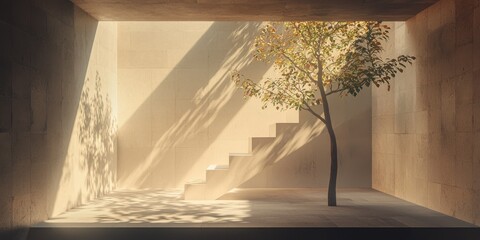 Poster - Sunlit minimalist interior with tree and stairs modern architecture calm environment interior view