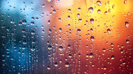 Aufkleber - Delicate water drops create a mesmerizing pattern against a background of warm oranges and cool blues, evoking a sense of tranquility and beauty in nature's artistry