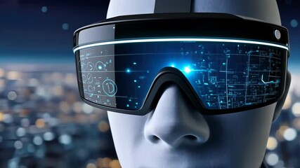 Poster - A humanoid figure wearing advanced digital glasses showcases a vibrant interface against a dark city skyline