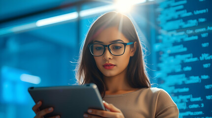 Female Programmer Analyzing Code on Tablet