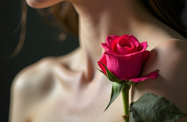 Wall Mural - Close-up of beautiful woman shoulders and pink rose bud near neck, concept of female body beauty and self-care benefits, skin texture, sensual lips, selective focus, body cream advertisement