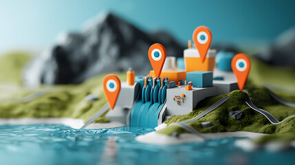 Poster - Waterfall model visualization digital landscape 3d render creative environment aerial view conceptual design for efficiency and innovation