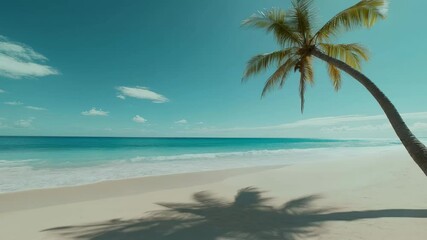 Aufkleber - Gentle waves lap the shore beneath a leaning palm tree casting a long shadow on the pristine sand of a tropical beach, creating a serene and idyllic vacation scene in slow motion