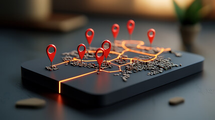 Poster - Mapping connections interactive digital map with pinpoint locations modern workspace creative environment high-tech viewpoint data visualization concept