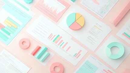 Poster - Top view of a desk with financial analysis papers, bar graphs, and pie charts in a 3D flat pastel design