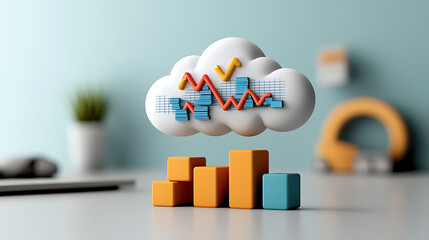 Poster - Analyzing financial trends in cloud computing digital workspace 3d data visualization modern office aerial view business intelligence concepts