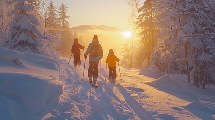 Aufkleber - A family of four walks along a snowy trail surrounded by tall trees, basking in the warm glow of the rising sun against the beautiful mountain backdrop.