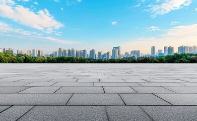 Aufkleber - Empty marble floor overlooking city skyline in urban park