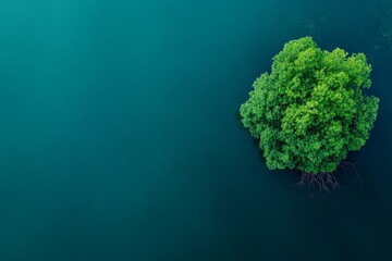 Poster - Aerial perspective reveals a vibrant mangrove forest surrounded by tranquil blue waters, emphasizing the intricate root system and its importance in environmental health