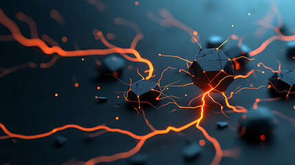 Poster - Dynamic electric charge flowing through rocks abstract digital art dark background close-up perspective energy concept for visual impact