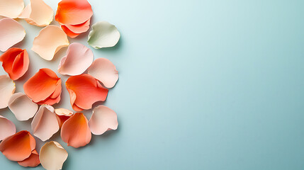 Poster - Delicate floral petals arrangement on soft blue background nature still life minimalist aesthetic close-up view romantic concept