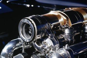 Poster - Close-up view of a polished engine component in a workshop