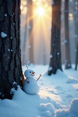 Wall Mural - snowy forest landscape with a small snowman peeking out from behind a tree trunk, magical, bare tree