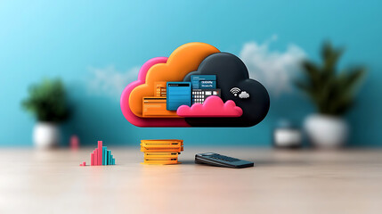 Poster - Cloud computing solutions digital workspace graphic design modern office aerial perspective data storage and management