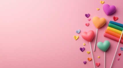 Wall Mural - Colorful heart-shaped candies and decorations on pink background