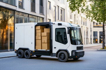 Poster - Delivery truck unloading packages in urban area