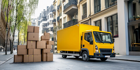 Aufkleber - Delivery truck unloading boxes in a city street