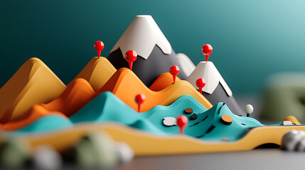 Poster - Colorful mountain terrain model with location markers studio setting 3d art creative environment close-up view artistic concept for design inspiration
