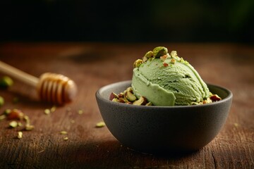 Poster - Pistachio ice cream sits in a ceramic bowl with crushed nuts and honey on a wooden table, showcasing a delicious and inviting dessert option perfect for any occasion