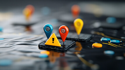 Poster - Navigating safety risks location pins on waterlogged maps digital illustration urban environment close-up view concept of alertness