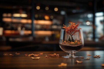 Poster - A wine glass showcases a detailed autumn scene filled with miniature trees and colorful leaves, all illuminated by a warm light to enhance the cozy atmosphere