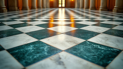 Poster - Intricate marble tile patterns create a stunning floor design in a spacious hall