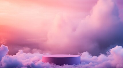 Poster - A pastel purple podium hovers among fluffy white clouds, set against a soft gradient backdrop, offering an imaginative and surreal display space