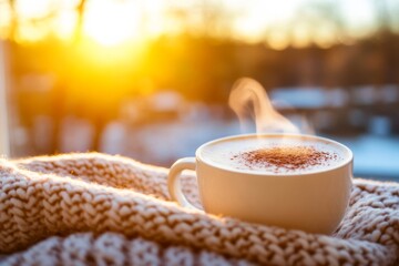 Poster - Enjoy warmth from a cup of hot chocolate topped with cocoa, resting on a cozy knitted blanket as the snowy scene glows in the winter sunlight