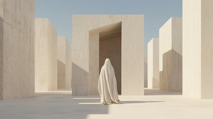 Poster - Mysterious figure in abstract architecture deserted location digital art minimalist environment wide-angle view surreal concept