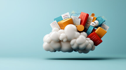 Poster - Creative cloud document management concept featuring colorful files and cloud environment digital workspace modern design imaginative viewpoint