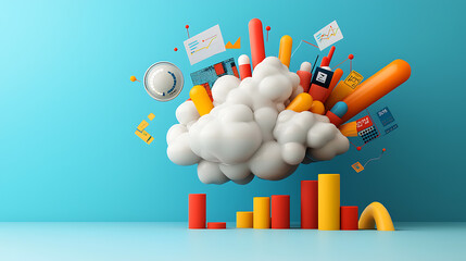 Poster - Creative data visualization project digital workspace 3d graphic elements modern office aerial view cloud computing concept