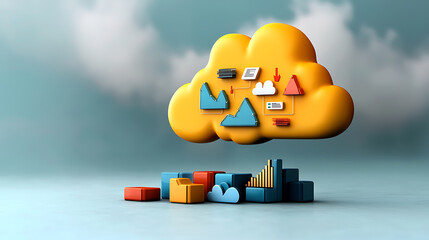 Poster - Data visualization in the cloud analyzing growth metrics with 3d graphics digital environment bright viewpoint cloud computing concept