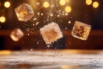 Poster - Ice cubes suspended in mid-air reflect warm light, with a golden bokeh background enhancing their cool clarity. The scene provides ample space for text placement