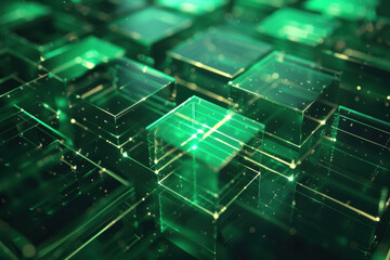 Wall Mural - close up horizontal abstract illustration of glowing green geometric transparent cubes structure