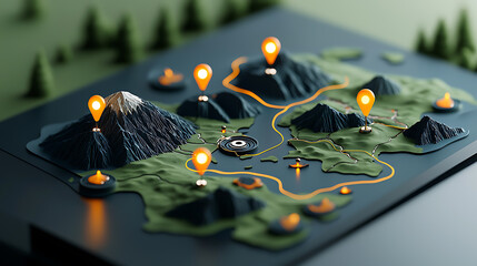Poster - Interactive 3d map displaying scenic locations with navigation points modern design studio environment aerial view geographical exploration