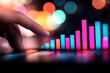 Aufkleber - A professional hand points at a glowing bar graph on a virtual dashboard filled with financial indicators, emphasizing data insights and analysis
