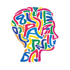 Poster - Colorful Abstract Profile of a Human Head Filled with Letters