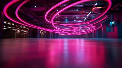Poster - A twisting neon spiral displays vibrant pink and blue tones, creating a captivating visual against a dark setting. The motion enhances its futuristic appeal